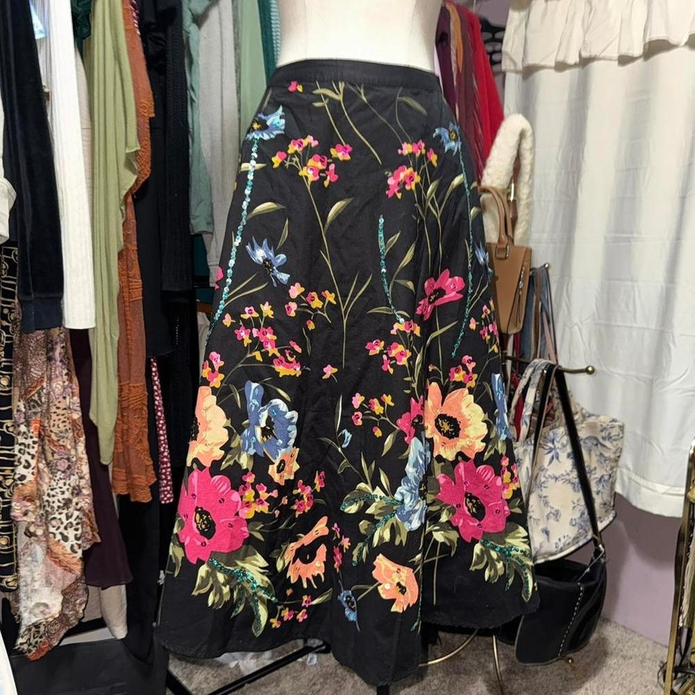 Vintage Black Floral Cotton Midi Skir